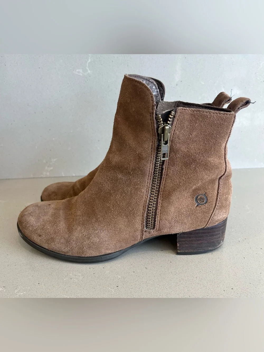 Born Landa Brown Suede Ankle Boots Side Zip Women’s Size 7.5 M